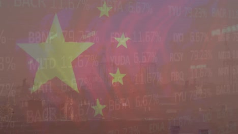 Animation-of-flag-of-china-and-data-processing-over-cityscape