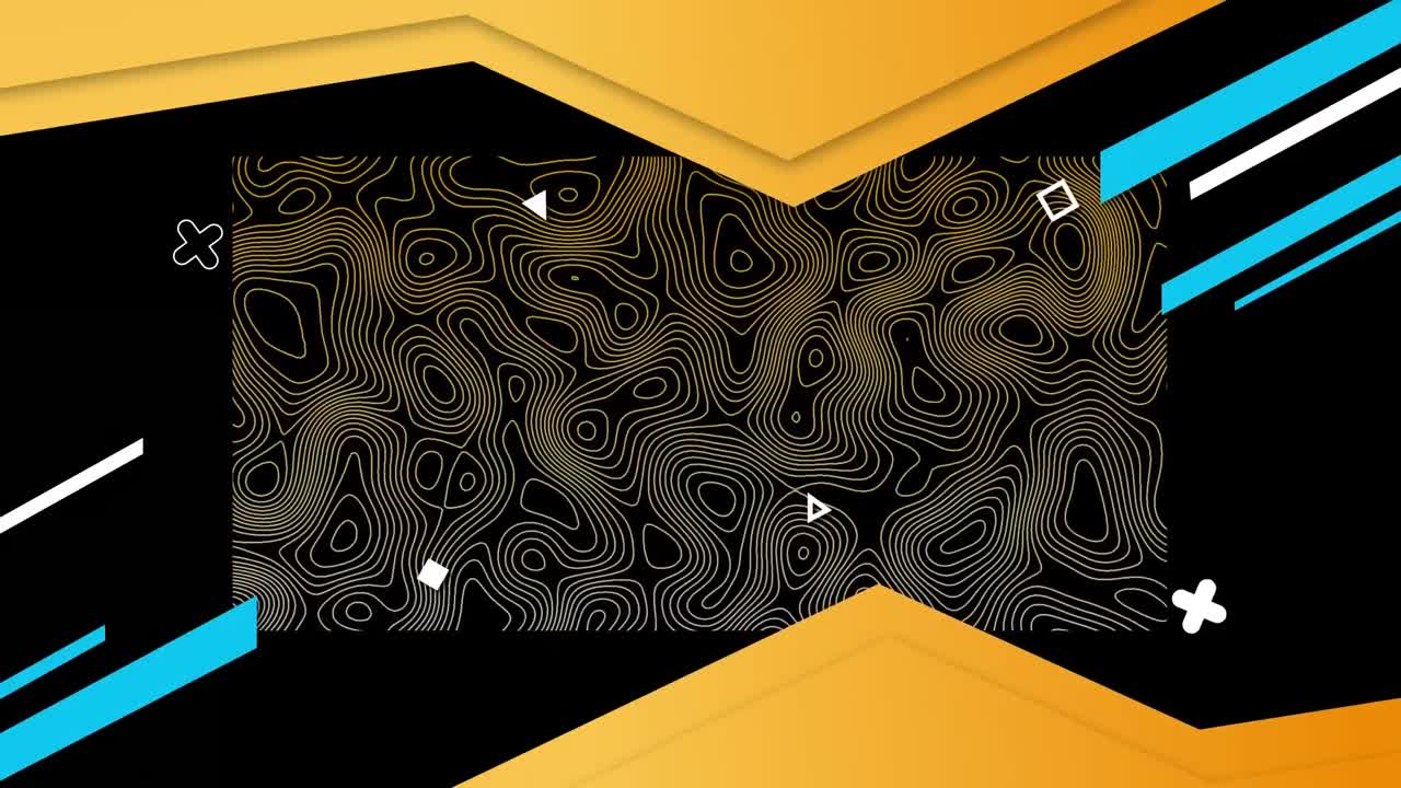 검은색에 움직이는  ⁇ 색 지형 지도와 함께 기하학적 오렌지색과 파란색 모양의 애니메이션