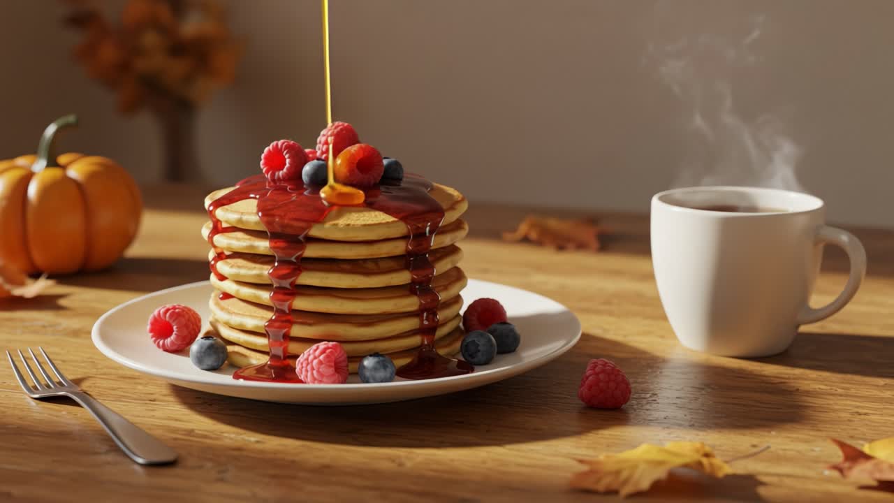Pancakes with Berries and Syrup, Coffee, and Autumn Decorations