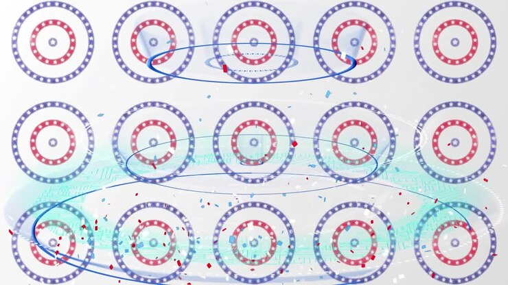 Animation of confetti falling over american flag stars and coloured on circles