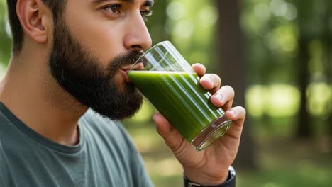 a close-up of a man enjoying a healthy green drink in a natural setting, emphasizing wellness, vitality, and the importance of nutritious beverages in everyday life.
