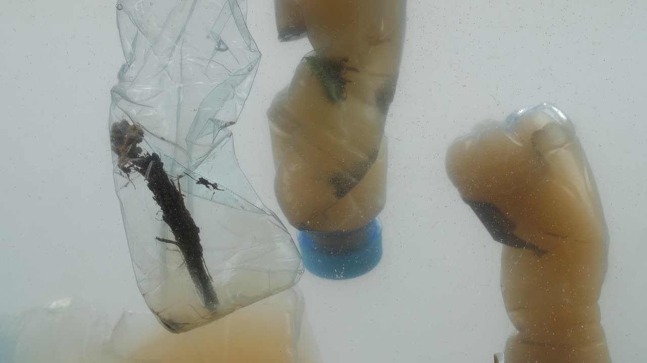 바다에서 플라스틱 오염 문제 개념의 수중 영상