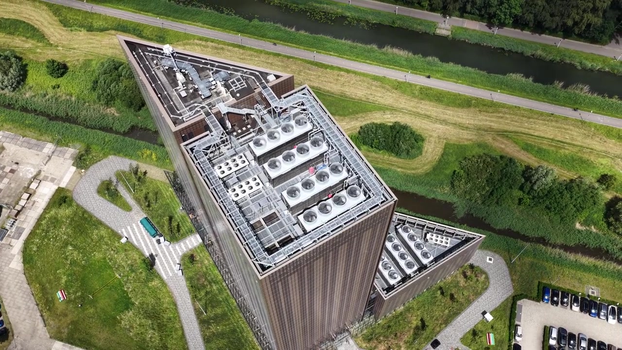 Aerial view of data center buildings at Amsterdam Science Park, showcasing digital infrastructure for cloud computing, colocation, big data, machine learning and AI services.