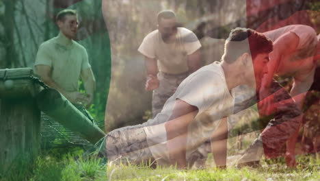 animación de la bandera de italia ondeando sobre los soldados que se ejercitan en el bosque