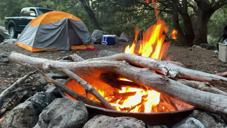 campfire with camping tent in the background, trekking in the wilderness nature, outdoor activities