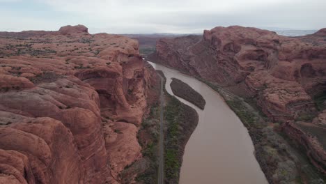 flyover of the iconic arches national park and the colorado river