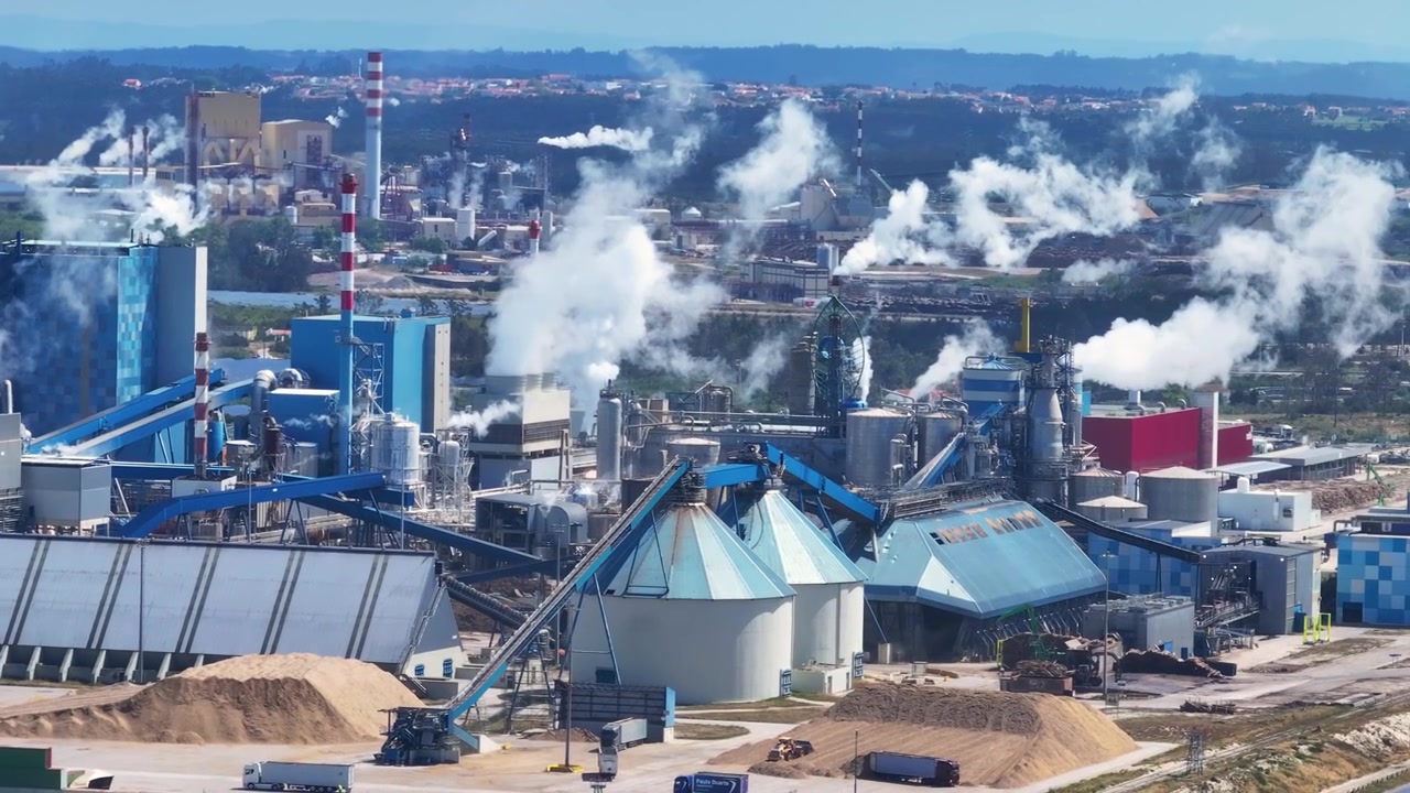 Extensive industrial complex of a pulp mill for cellulose production releasing steam and smoke into the atmosphere from its chimneys