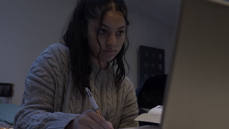 portrait of female teenage student doing homework using laptop