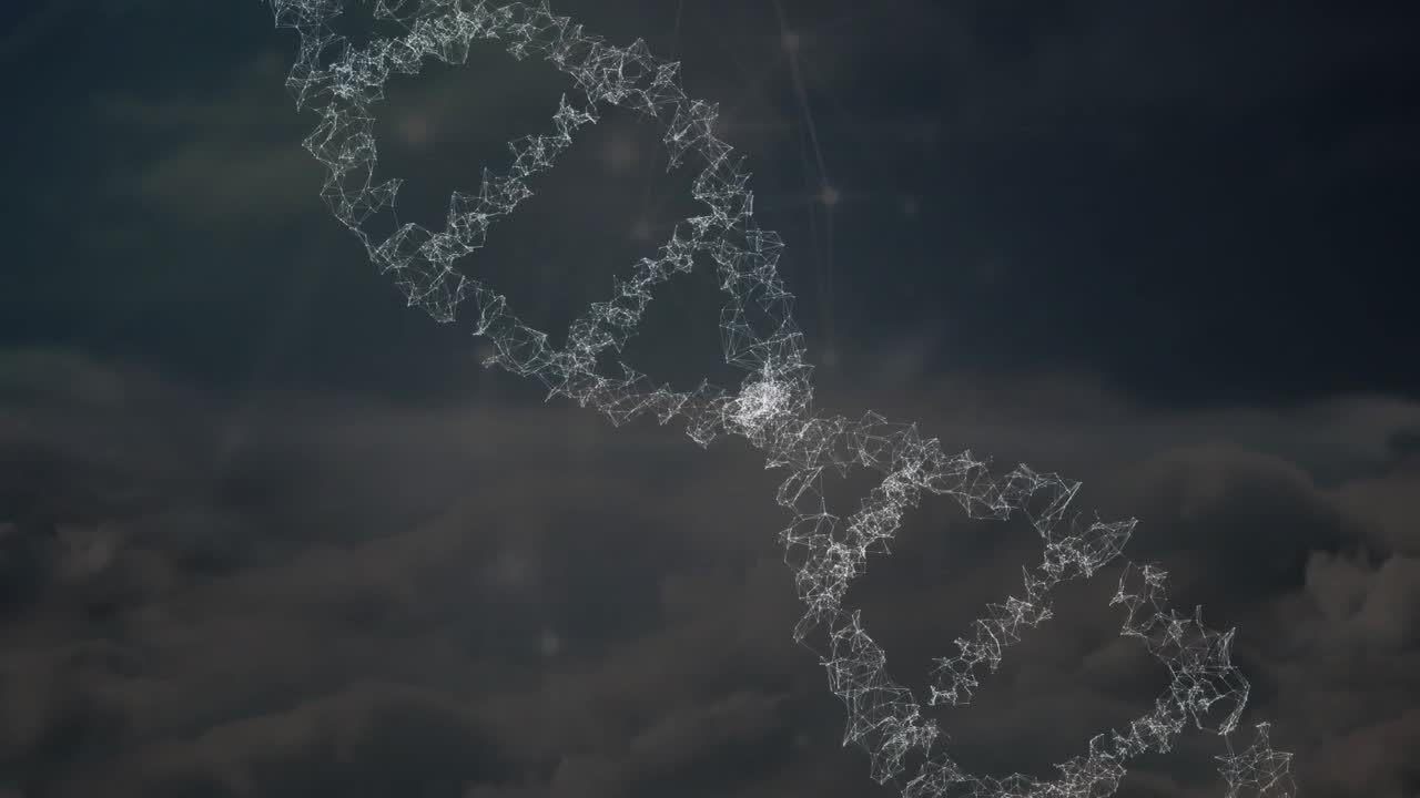 Su uno sfondo che appare, una doppia elica a wireframe si forma, si attorciglia, ruota e brilla, mostrando il DNA.