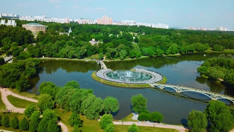 aerial view of a park with a fountain and bridge