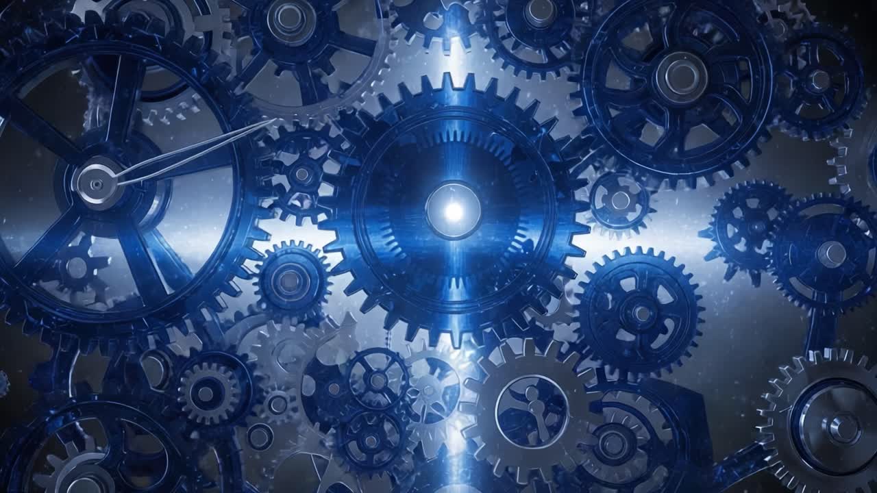 Intricate Mechanism of Interlocking Gears in Shades of Blue: A Dynamic Visualization of Time and Motion Captured in Detailed Precision