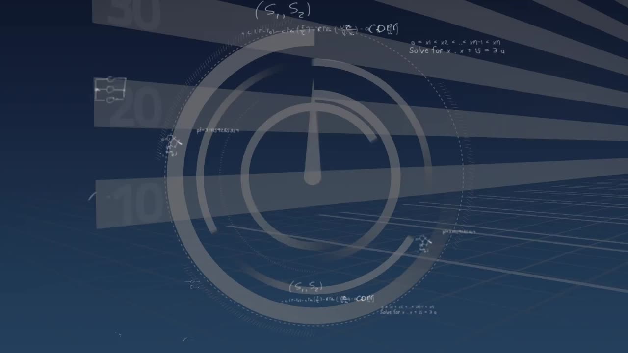 Animation of clock with shapes and data processing over mathematical equations on black background