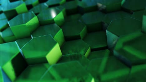 abstract moving hexagonal green background with depth of field, seamless 3d loop animation