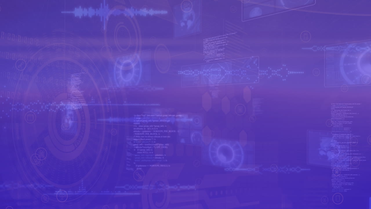 animación de círculos, radares, ondas sonoras, globos en lenguaje informático en un fondo abstracto