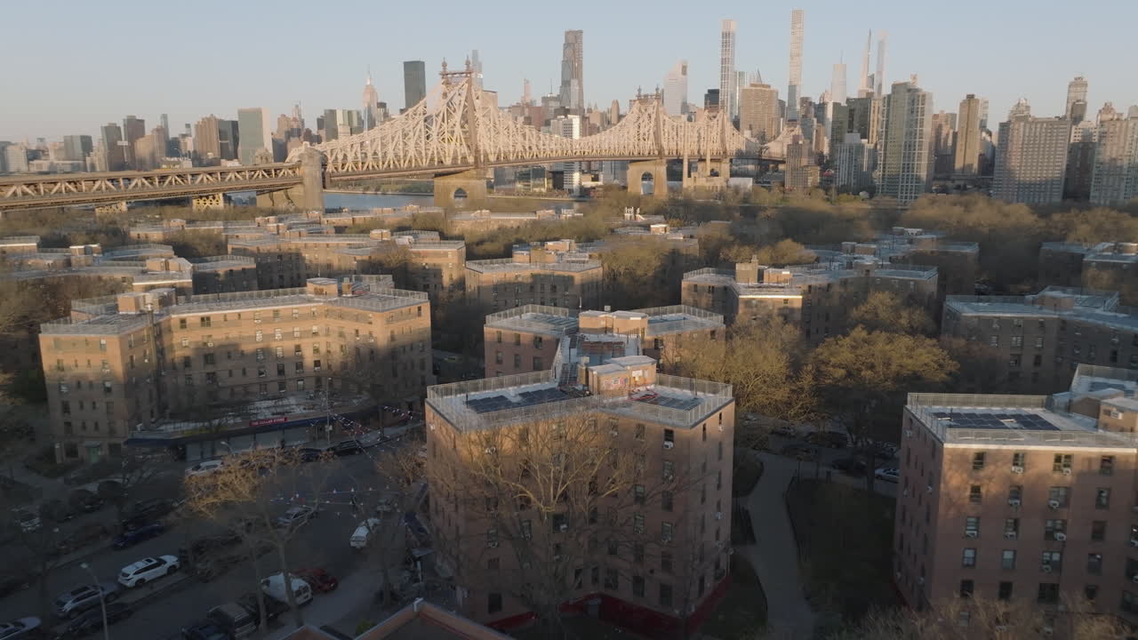 Aerial view of Queensbridge Houses at sunrise. Shot in Long Island City, Queens.