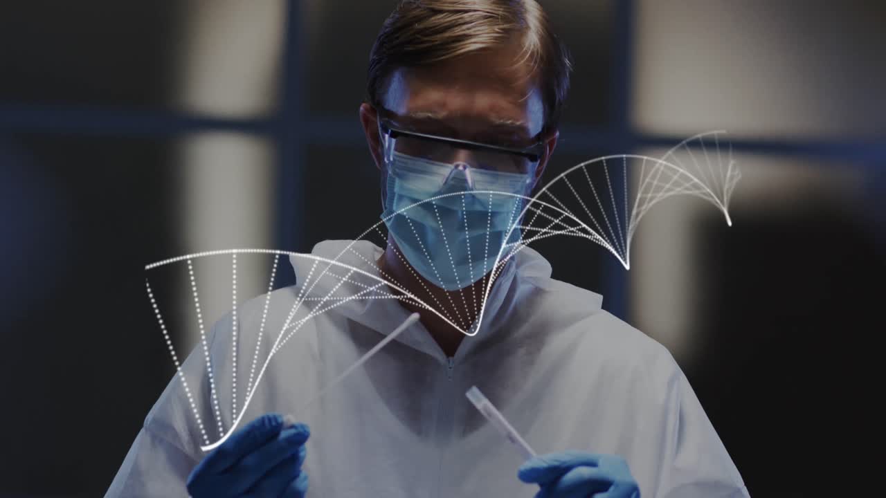 animación de una cadena de adn sobre un médico caucásico haciendo una prueba de covid.