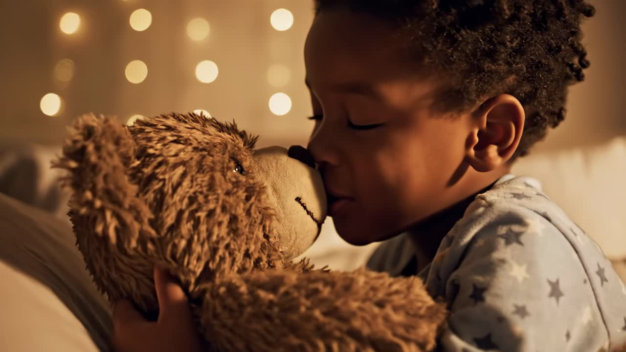 Bambino che coccola un orsacchiotto prima di andare a dormire