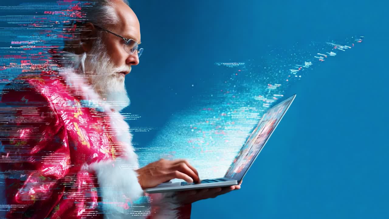In a futuristic twist, a digitally savvy figure with a beard and glasses types on a laptop, intertwining Christmas spirit with technology, surrounded by vibrant streams of data and color