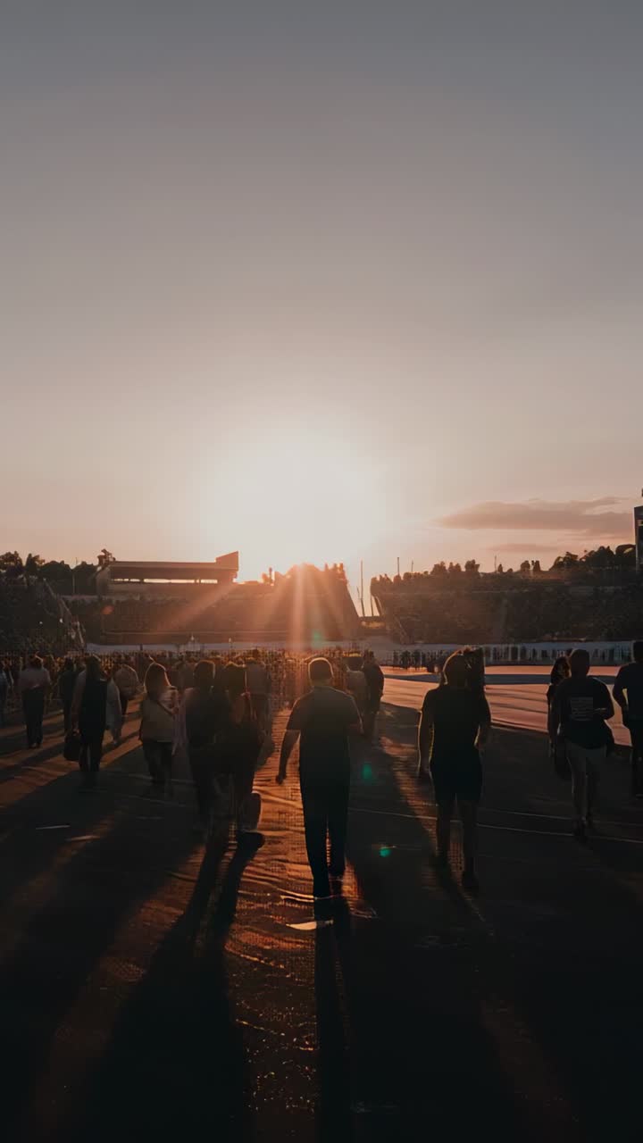 Video verticale: folla che cammina lungo il sentiero verso il palco al tramonto, proiettando lunghe ombre con le giacche