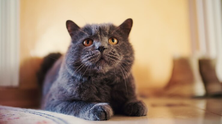 Close up portrait of a gray cat lying comfortably on the floor