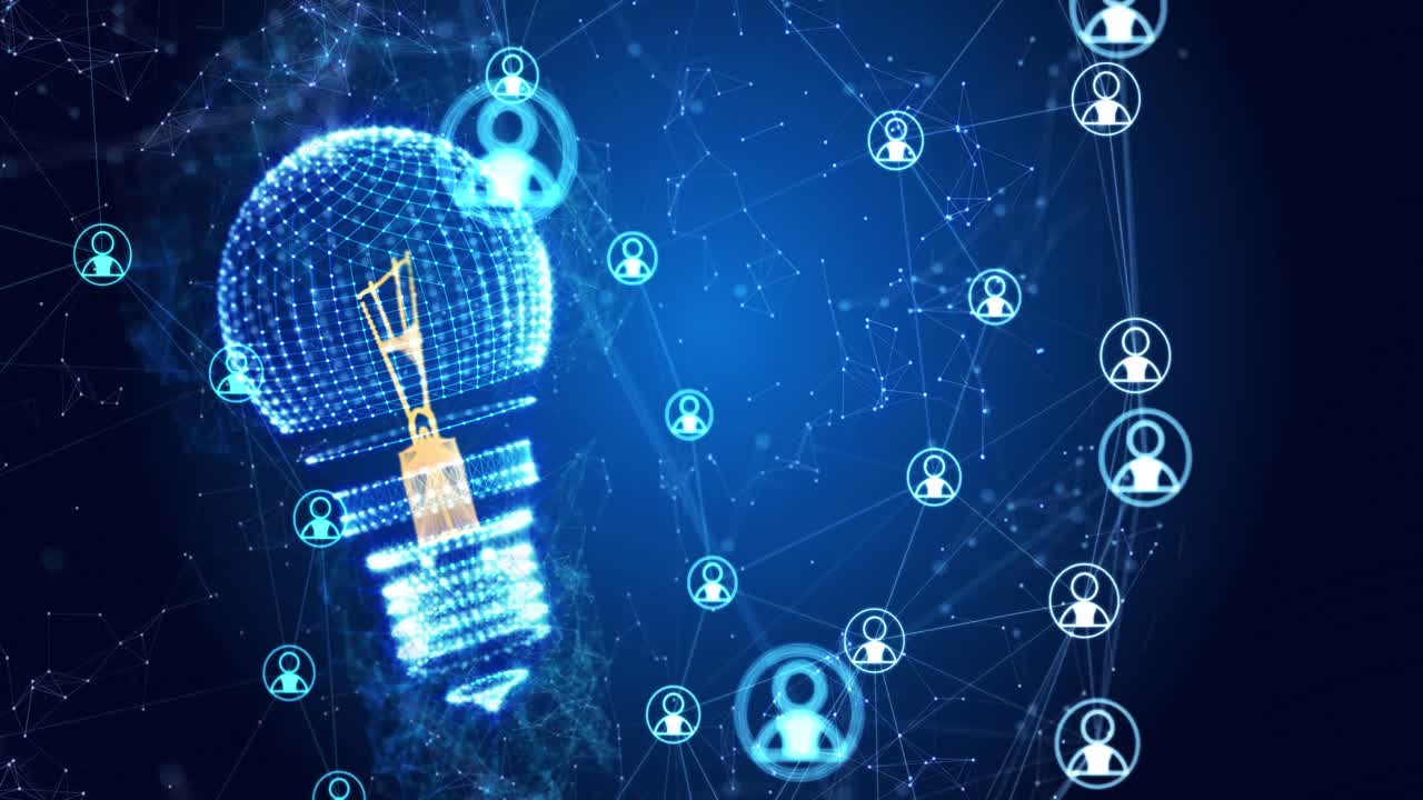 파란색 배경에 연결 네트워크와 함께 회전하는 전구의 애니메이션