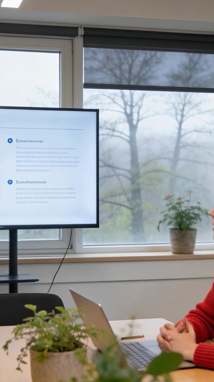 Woman in red sweater watching monitor slides in business meeting, leaning forward to give feedback