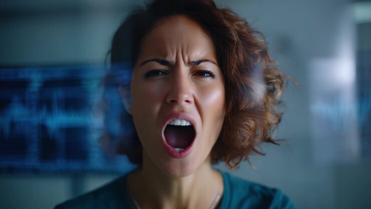 Forte sfogo emotivo di una donna in un contesto clinico, catturato in due inquadrature drammatiche che evidenziano la sua passione ed espressività attraverso il linguaggio del corpo.