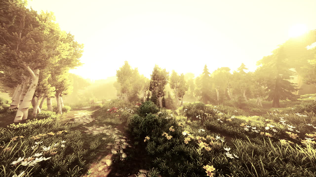 일몰 에 푸른 숲 이 꽃피고 있는 만화