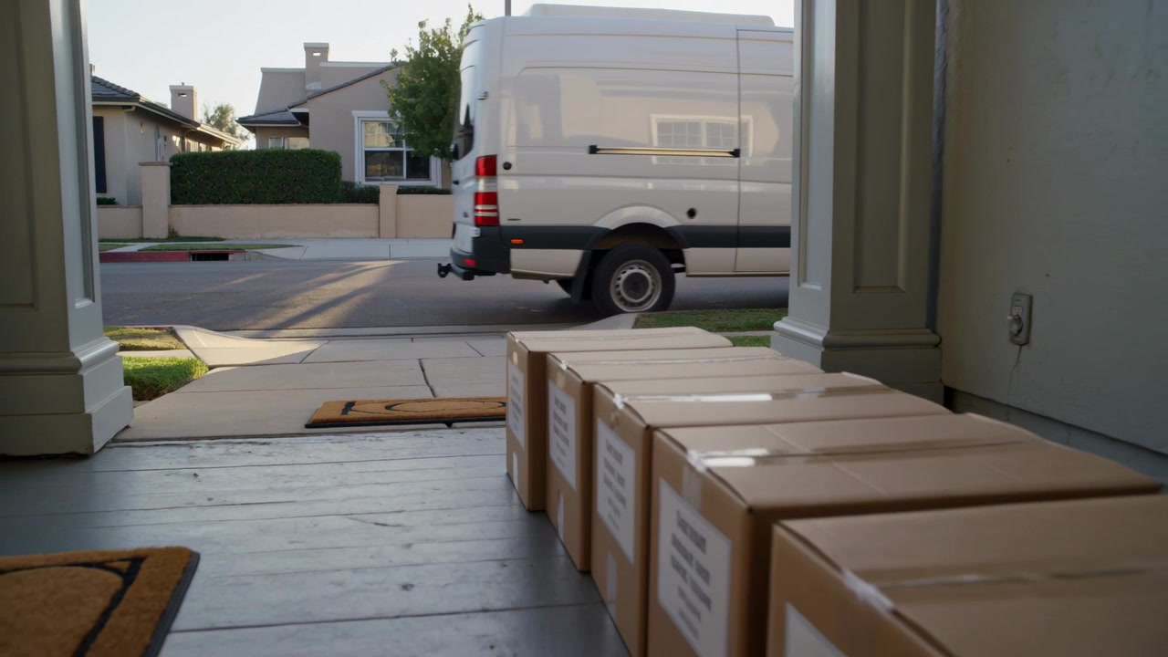 Sitting labeled boxes on porch near doormat, white delivery van approaching for dropoff, copy space