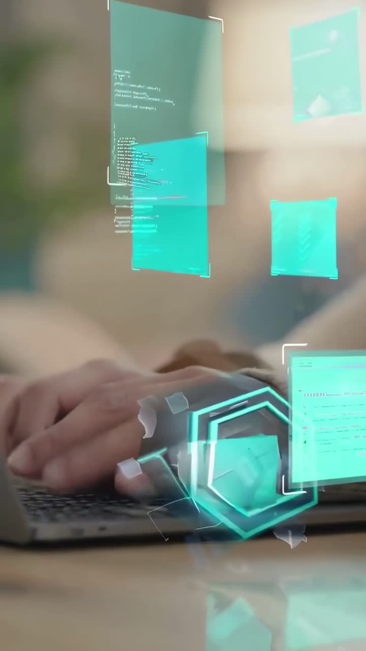 Concetto video futuristico con schermi olografici, primo piano su mani che digitano