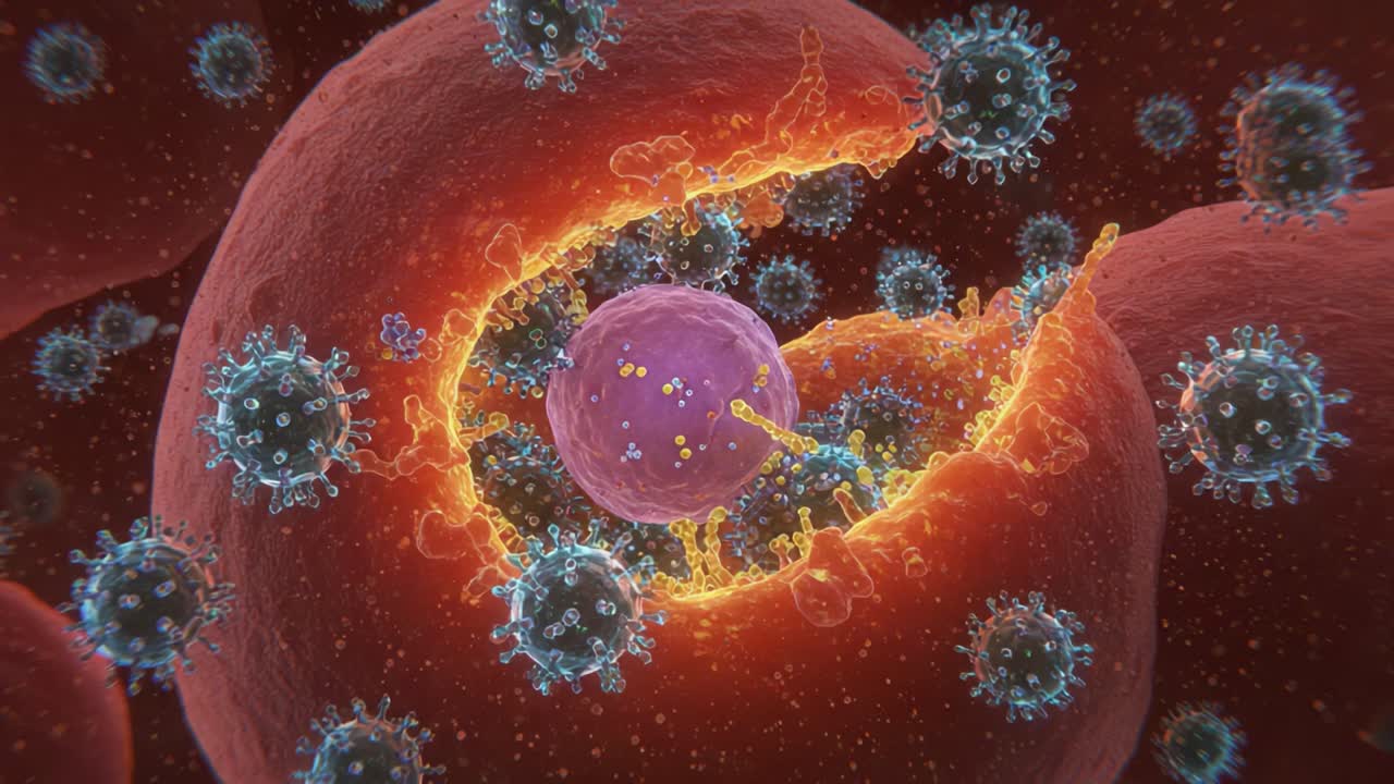 Intricate Visualization of Cellular Interactions: A Microscopic View of Virus Invading Human Cell Structures Revealing the Complexity of Immune Defense Mechanisms