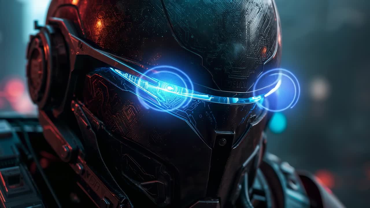 Activating futuristic helmet forming holographic rings in scanning field in lab, diagnosing systems