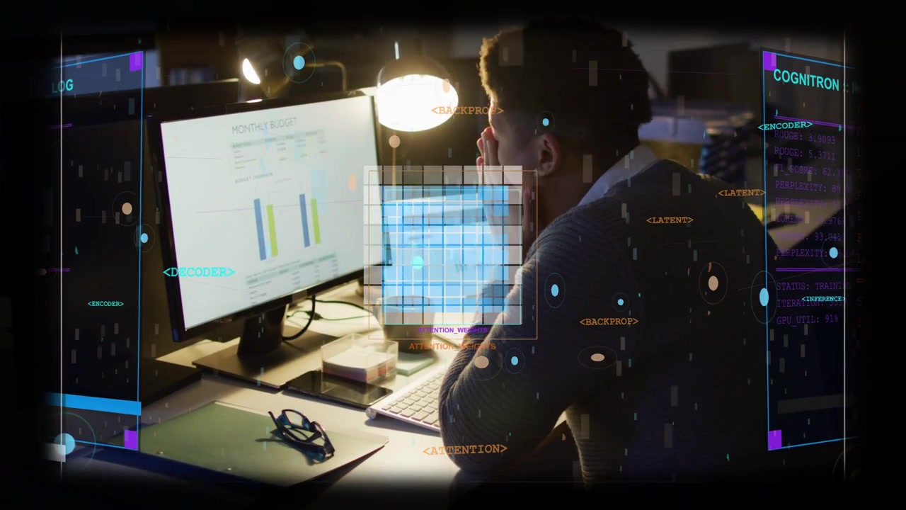 Reagendo all'HUD, uomo di mezza età con un maglione scuro che analizza grafici a barre su un monitor d'ufficio, lampada.