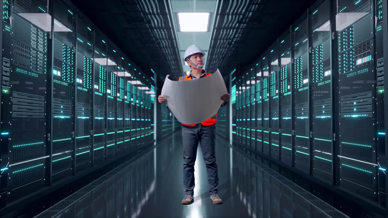 Full Body Of Asian Male Engineer With Safety Helmet Looking At Blueprint In His Hands And Looking Around While Standing in Server Room Data Center