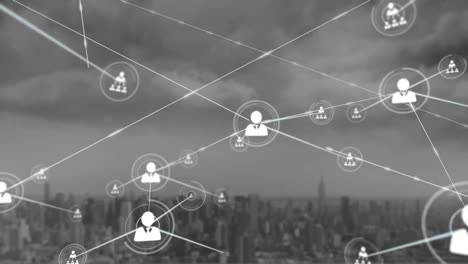 animation of icons connected with lines over modern cityscape against cloudy sky