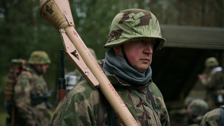 Soldato di rievocazione della Seconda Guerra Mondiale con lanciagranate