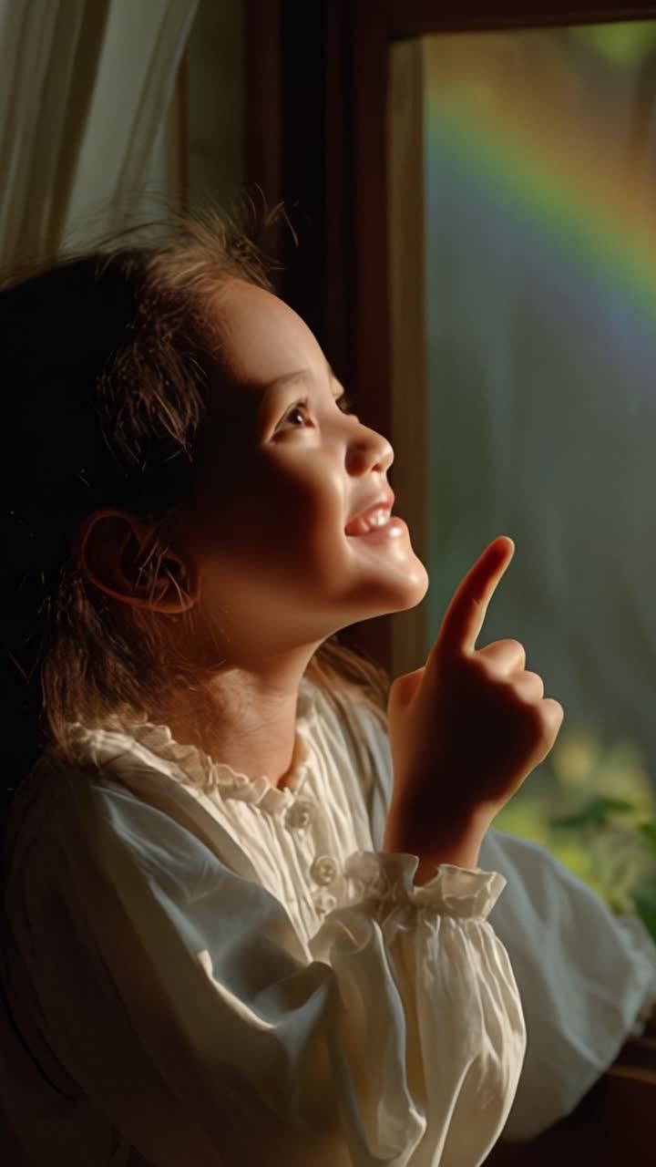 Bambino gioioso che indica un arcobaleno fuori dalla finestra, incarnando l'essenza della meraviglia e della felicità in un ambiente sereno e illuminato da una luce naturale soffusa.