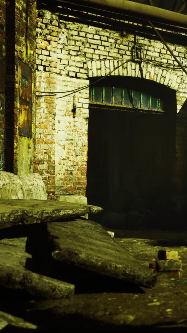 Parede de tijolos e porta aberta em um armazém durante a luz do entardecer