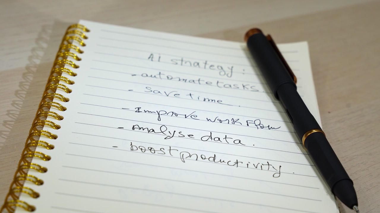 Close up static shot of a spiral notebook with handwritten AI strategy notes and a black pen resting on a light wooden office desk. The corporate business plan focuses on boosting team productivity.
