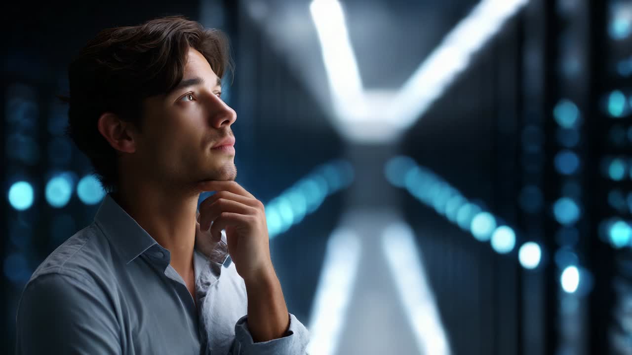 Reflexionando sobre el futuro de la tecnología: una persona pensativa en un centro de datos de alta tecnología, rodeada de luces brillantes e infraestructura digital, que reflexiona sobre la innovación y las posibilidades