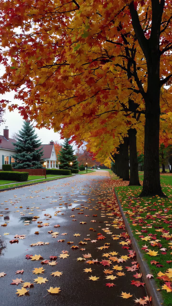 Autumn Street with Colorful Maple Leaves and Wet Road
