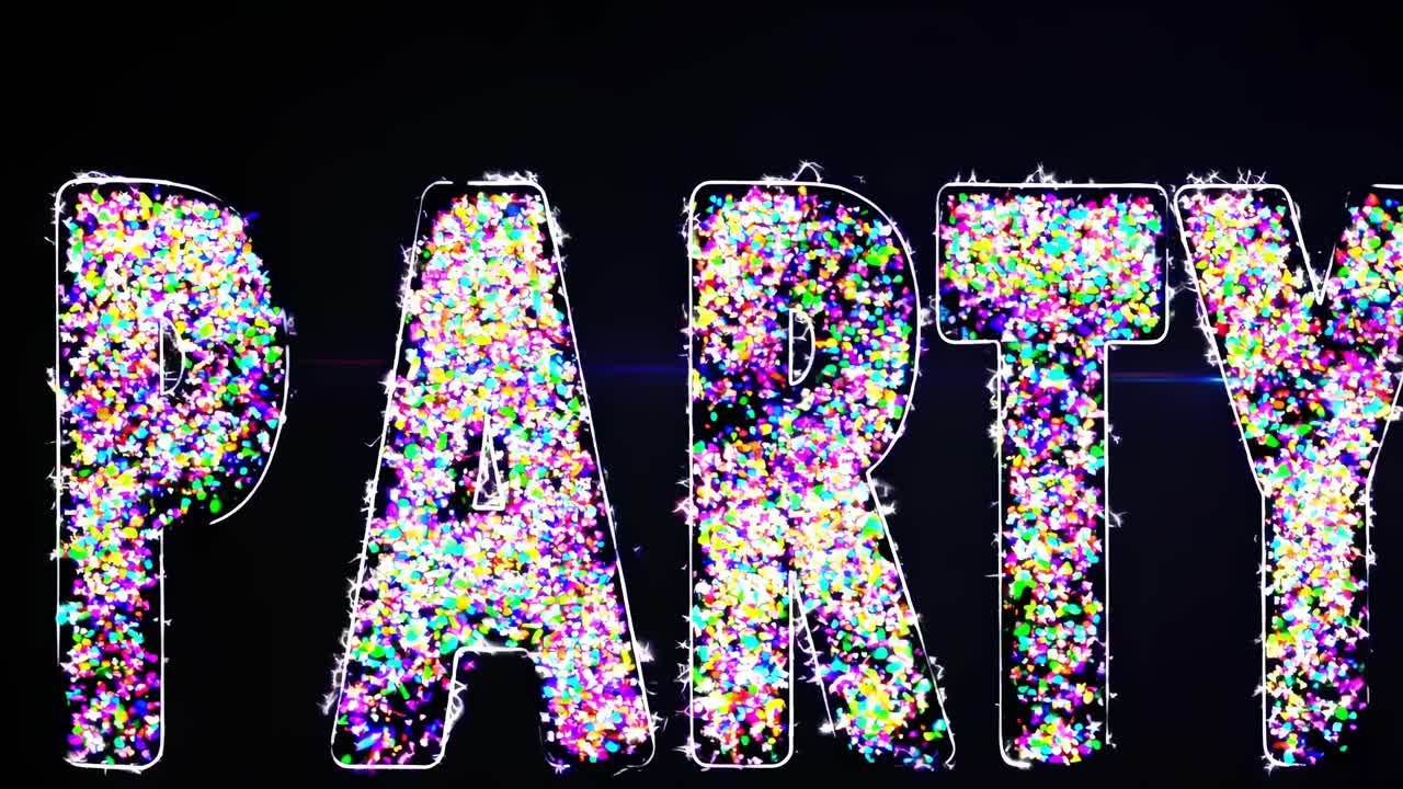 Vibrant glitter spelling party sparkling against dark backdrop, highlighting festive typography for graphic design, event promotions, and celebratory visual communications