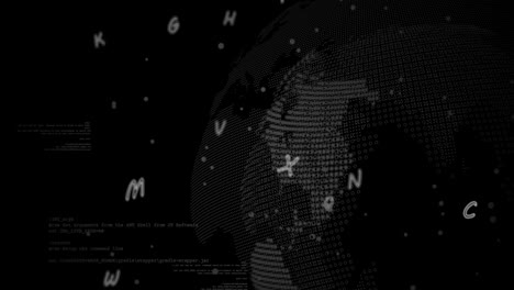 animación de letras en todo el mundo con procesamiento de datos en fondo negro