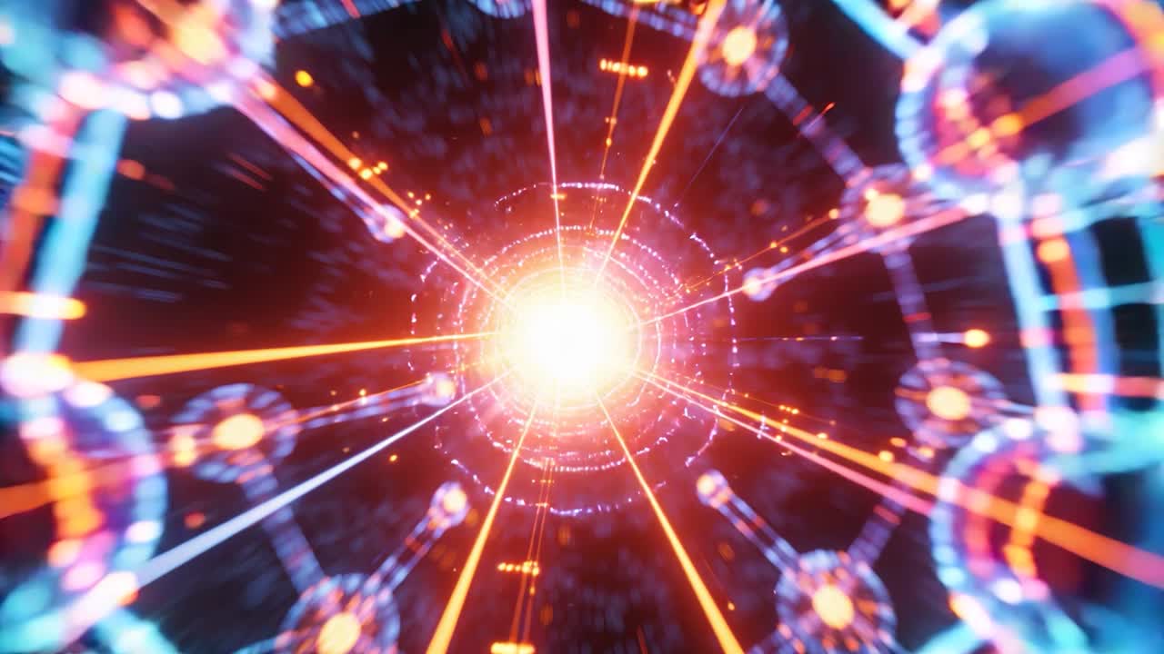 Telecamera in movimento che si spinge verso un nucleo luminoso nel vuoto oscuro, mostrando nodi ad anello e raggi radiali