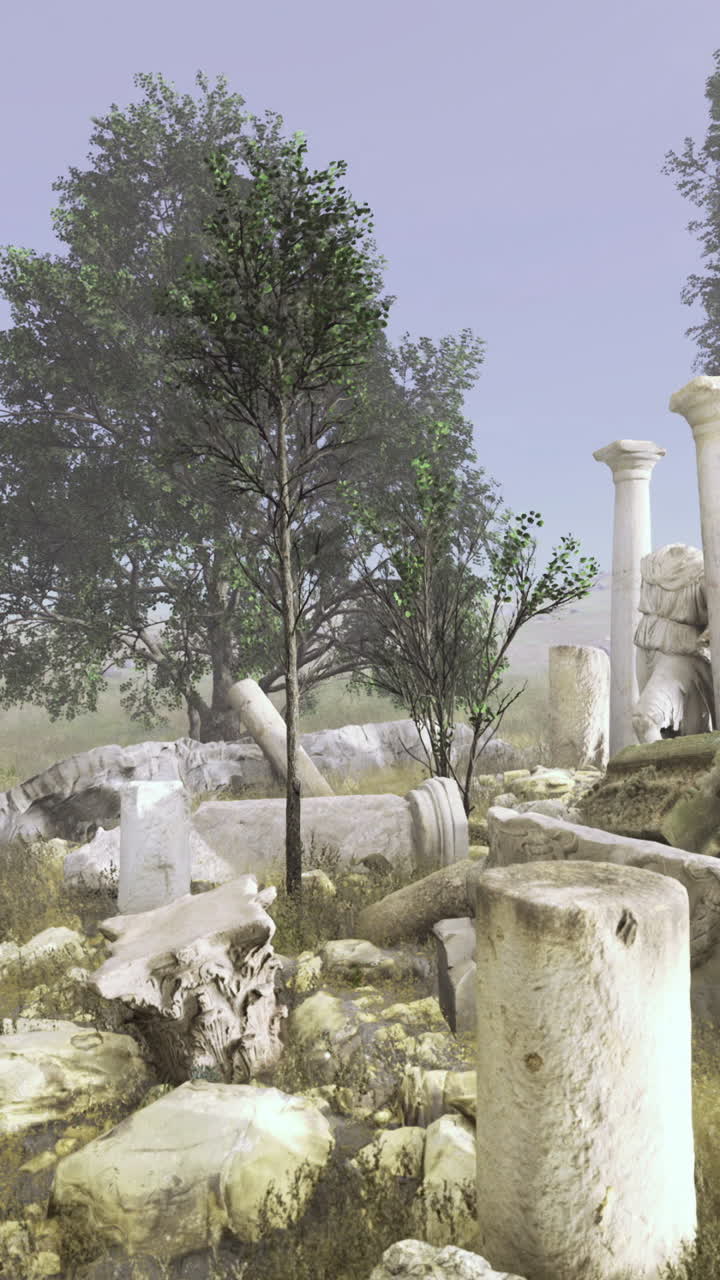 Edificios desgastados envueltos por una densa vegetación natural en terrenos escarpados