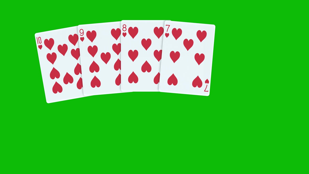 Una mano di poker composta da una scala colore a cuori, con carte lanciate su animazione 3D su green screen, carte da poker animate, animazione di distribuzione di carte da poker.
