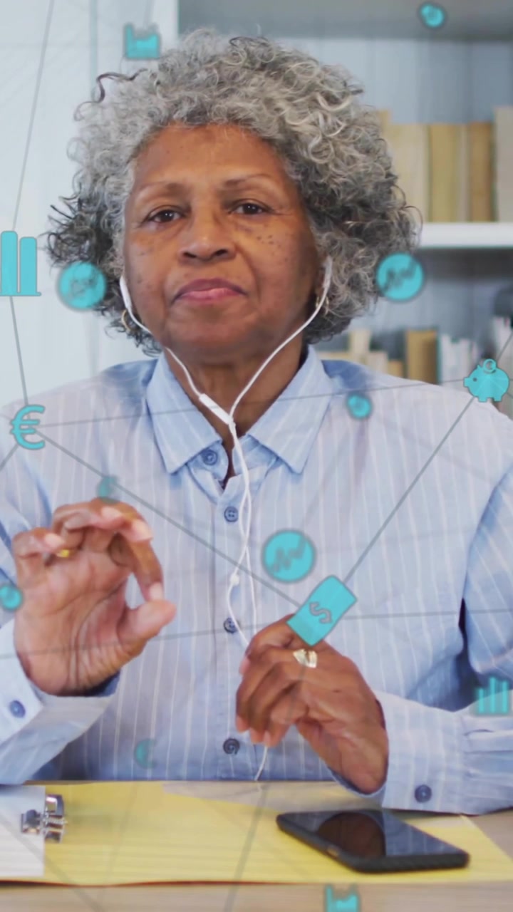 Animation of network of connections with icons over senior african american woman having video call
