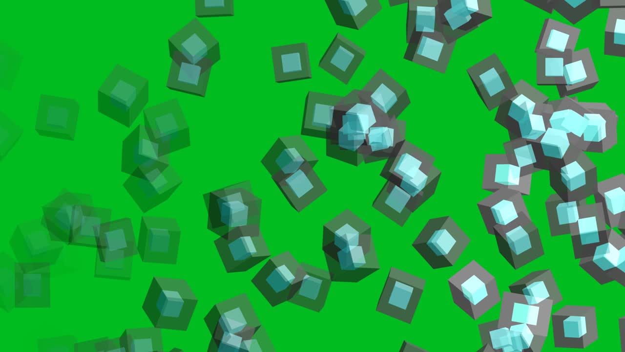다이아몬드 큐브 안과 회색 큐브 블록이 날아가고 녹색 화면의 끝에서 희미해집니다.