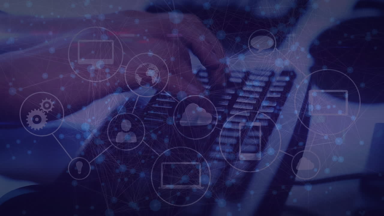 animación del alcance a través de la red de conexiones a través de una persona que utiliza el teclado de la computadora