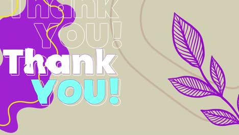 Digital-animation-of-thank-you-text-against-purple-floral-designs-on-beige-background